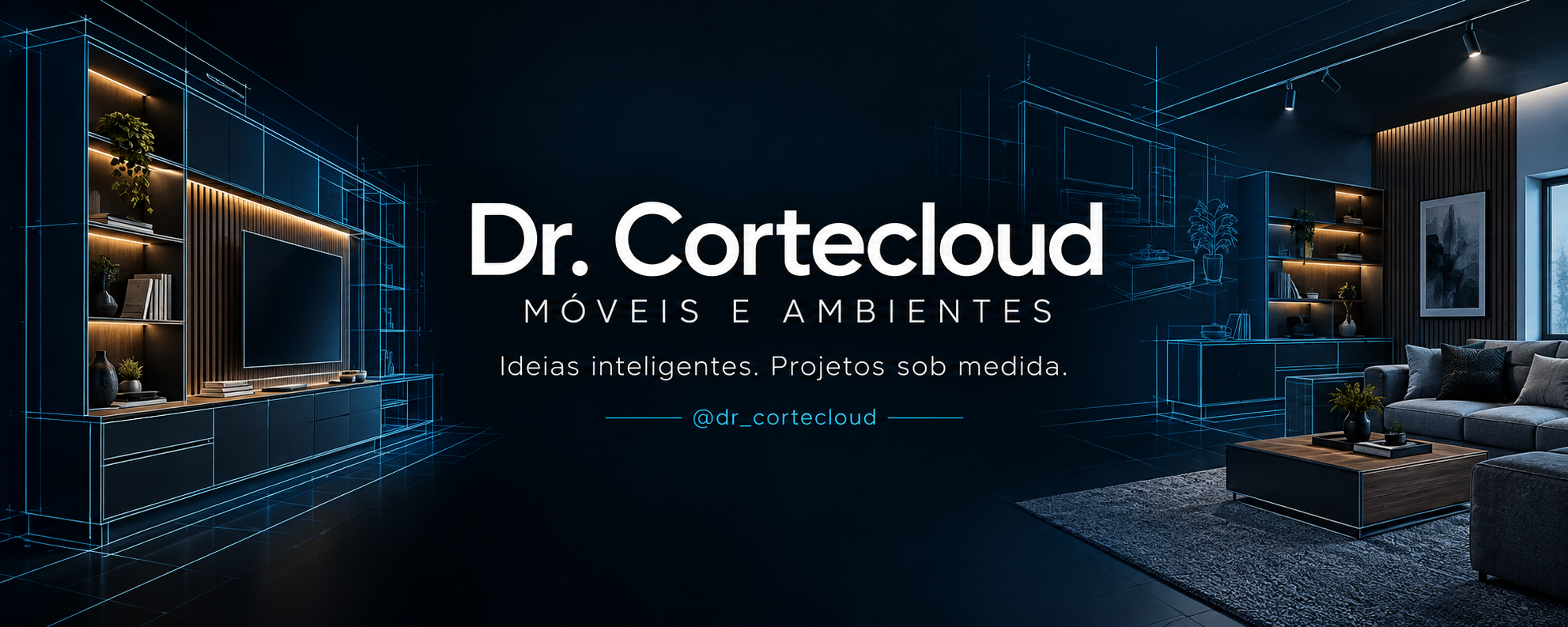 Ilustração de uma sala com móveis em madeira e linhas azuis de projeto, com a identidade Dr. Cortecloud